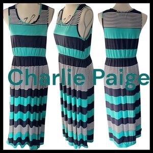 Charlie Paige Navy/White Stripe/Teal Colour Block Sleeveless Maxi Dress (M)